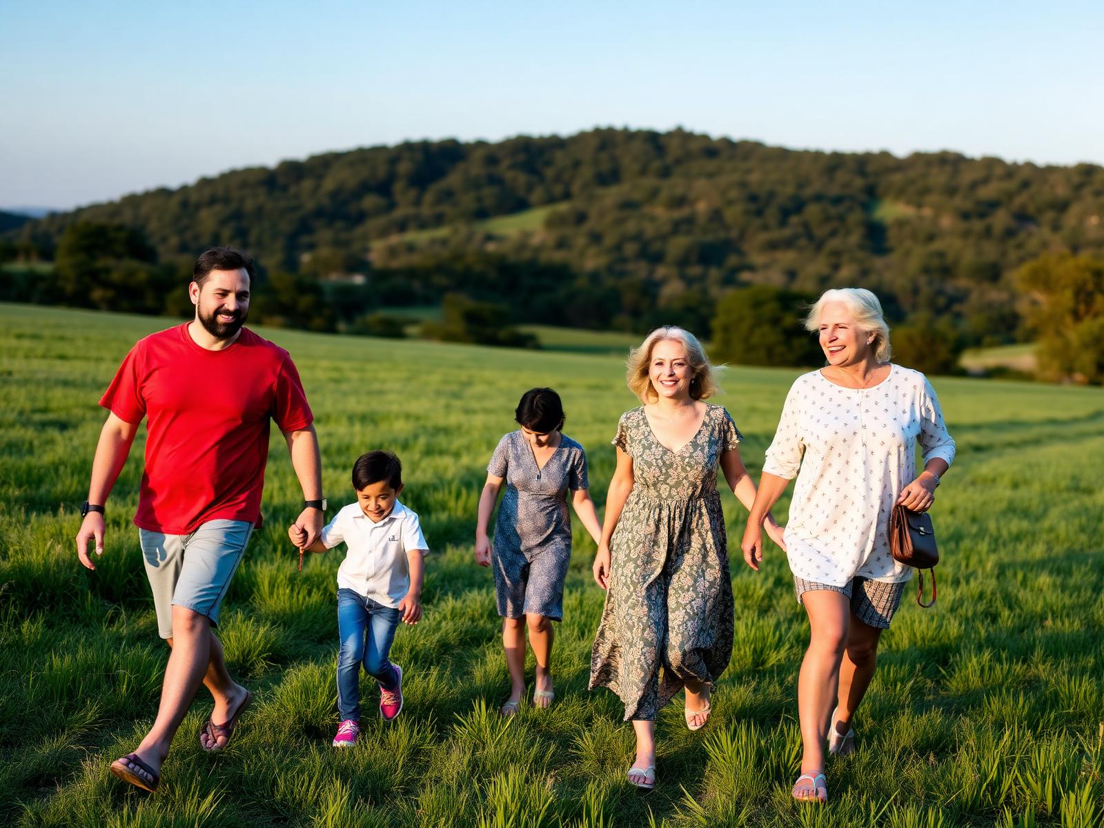 Família caminhando no gramado
